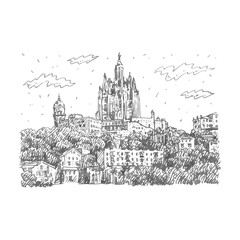 The Temple at Tibidabo in Barcelona, Catalonia, Spain. Drawn pencil sketch. Vector file