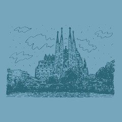 Sagrada Familia Temple in Barcelona, Spain. Drawn pencil sketch. Vector file