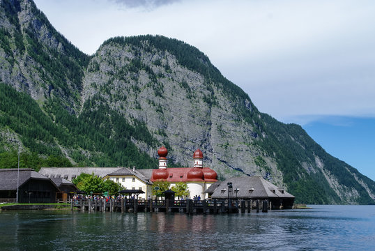 St. Bartholomae church at mountain lake Koenigssee, Bavaria, Germany