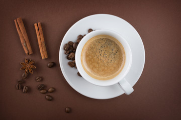 Coffee cup with cinnamon sticks and star anise