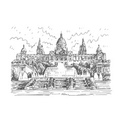 Museu Nacional d'Art de Catalunya in Barcelona, Spain. Vector freehand pencil sketch.