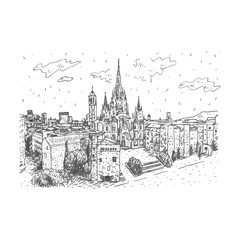 The Cathedral of the Holy Cross and Saint Eulalia in Barcelona, Spain. Drawn pencil sketch. Vector file