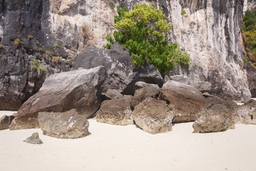 Rock and white sand beach.