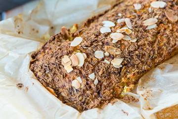 Homemade Paleo Gluten Free Carrot Bread, Brioche, on the Baking Paper, Horizontal, Top View.