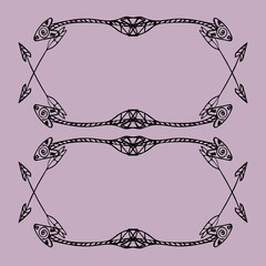 Square frames of ethnic arrows. Hand-drawn black arrows on the light purple background. There is a place for your text in the center. Vector illustration.