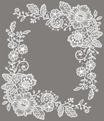 Card. White Lace Corners. Floral Pattern. Gray Background.