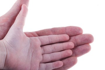 palms of kids hand and adults man isolated on white