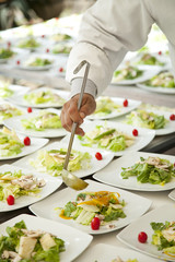 
Chef is decorating delicious dish, motion blur on hands