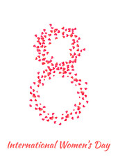 Happy International Womens Day. Falling down watercolor hearts, spinning in the air. White background.