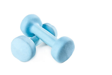 Two blue dumbbells isolated on white background.