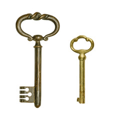 Two antique brass keys on a white background