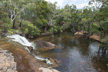 Cascada grande con abundante agua en el medio de una foresta. Cooktown, Queensland, Australia