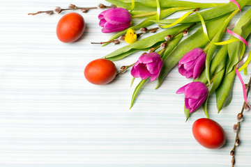 Easter decoration with eggs and tulips