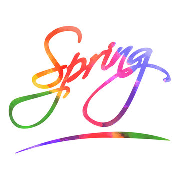 Spring lettering. Watercolor bright colorful letters with rainbo