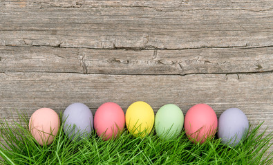Pastel colored easter eggs in green grass