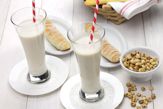 homemade horchata and fartons,spanish valencia soft drink and bread