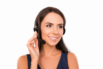 Naklejka premium Beautiful young woman with microphone and headphone smiling