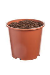 red pot with ground soil isolated on a white background