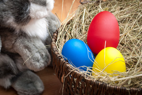 Rustic image of red, blue and yellow easter eggs in a wicker basket  with a bunny next to them. Easter is the christian holiday when christians celebrate the rebirth of Jesus Christ