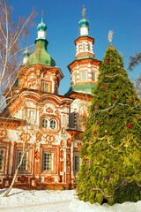 Fototapeta premium Kresto-Vozdvigenskiy church in Irkutsk at Christmas