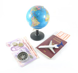  passport ,compass, airplane , orb and money  on white background ,journey concept