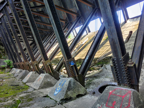 Industrial steel girders underneath bridge - landscape color photo