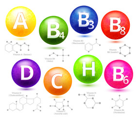 Vitamins chemical structures. Molecule vitamin, molecular chemical vitamin, structure chemistry vitamin, vector illustration