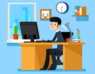 Businessman working in office at the desk with computer. Vector illustration in flat style. Computer businessman, office work, man working