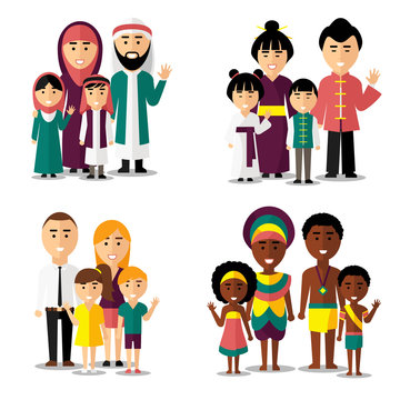 African, asian, arab and european families. Family asian, family african, family european, family asian. Vector illustration characters icons set