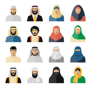 Arab people icons. Muslim people, arabian people, islam people woman and man. Vector illustration set