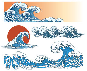 Waves in japanese style. Sea wave, ocean wave splash, storm wave. Vector illustration