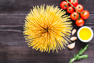 Italian spaghetti on a wooden table.