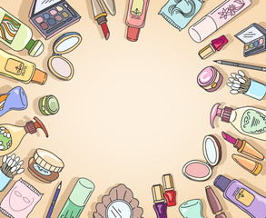 Cosmetics hand drawn top view frame vector. Frame fashion, makeup cosmetic, brush eyeshadow hand drawn illustration