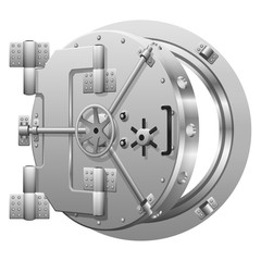 Half-open bank vault door on white. Safe bank, metal door safe, lock security bank, open safe bank. Vector illustration