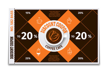 Coffee cup discount coupon. Coffee discount, coupon label, paper banner coffee cup, vector illustration