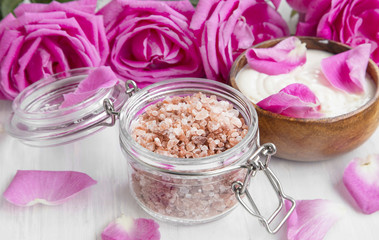 Spa bath salt in a jar with roses and body lotion