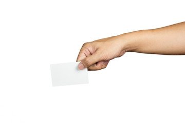 Hand holding a blank white card