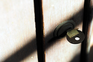 Retro wardrobe key lock with shadow in sunlight