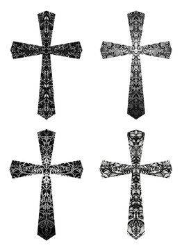 Set of vintage gothic crosses with floral pattern