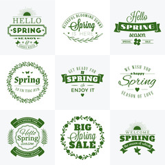 Set of Spring Vintage Typographic Badges. Vector Illustration. Hello Spring. Greeting Card Design