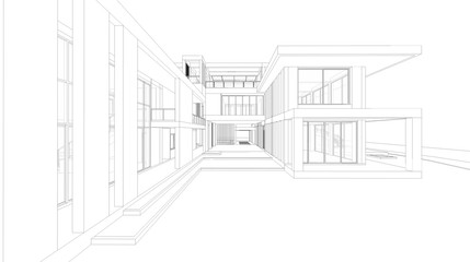 Abstract wireframe perspective of 3D house rendering.