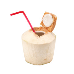 Coconut Water Drink with red straw isolated on white