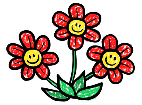 3 rote Blumen mit lächelndem Gesicht / Kreidezeichnung, Vektor, freigestellt