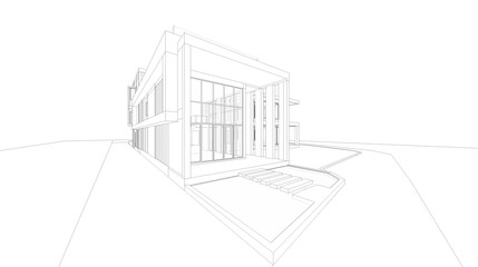 Fototapeta premium Abstract wireframe perspective of 3D house rendering.