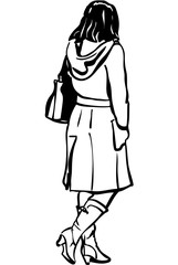 vector sketch of a girl in a coat with a hood back to us
