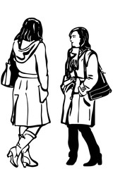 vector sketch of two women friends in coat standing talking