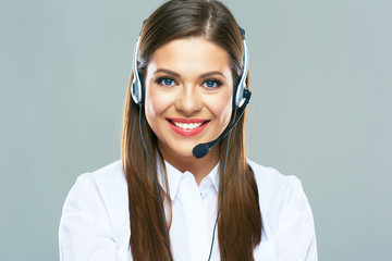 Call center support operator.Close up portrait of woman custome