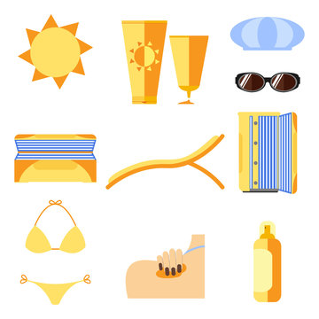 Tan icons set. Isolated on white. Sunburn and sun protection. Vector illustration.