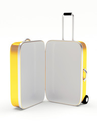 Open empty golden suitcase isolated on white background