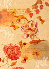 Vintage style collage with watercolor drawings of butterflies, roses and letter